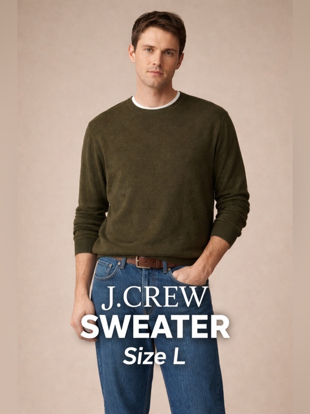 J.Crew cotton Cashmere Blend Crewneck Sweater Olive Green Size L Classic Fit